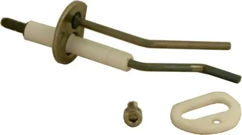 Zündelektrode mit Dichtung, geeignet für Wolf-Geräte bis Baujahr 05/01, dargestellt mit einer metallischen Halterung und einer Dichtung in Weiß.